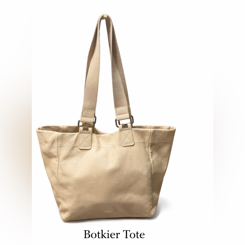 🛍️ BOTKIER New York Nude/Beige Pebbled Leather Tote Bag w/ Logo Web Strap